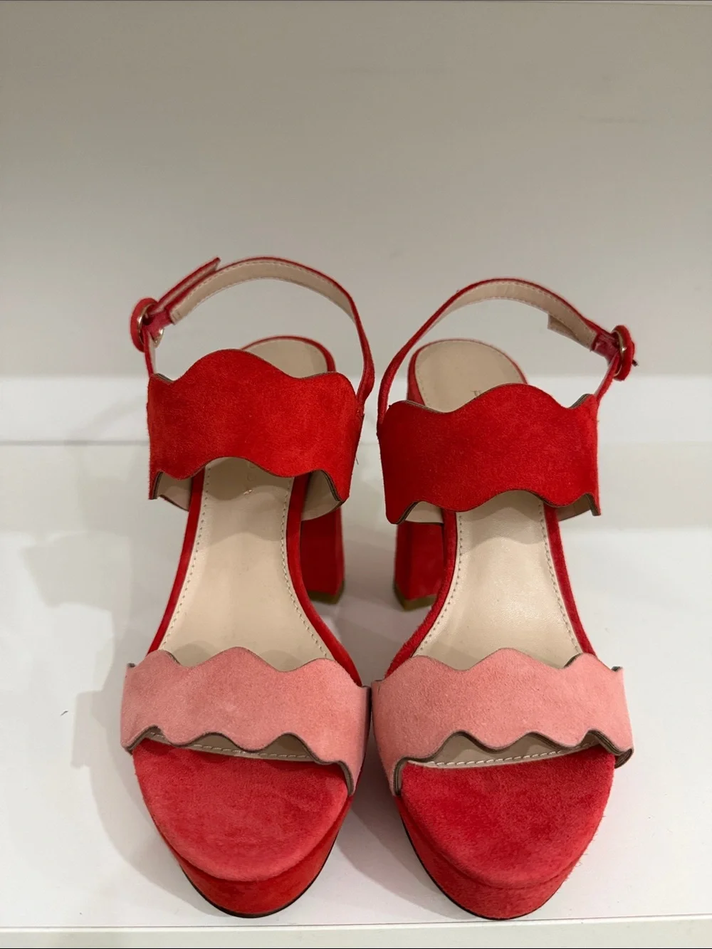 Two-Tone Red and Pink Suede Platform Sandals with Block Heel